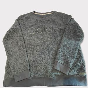 Calvin Klein Sweatshirt Women's Blue Logo Fleece Fuzzy Pullover Sweater Large